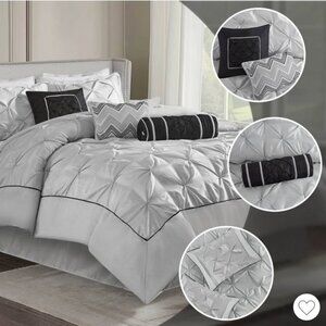 New Queen 7-Piece Gray Pintuck Comforter Set w/ Decorative Pillow